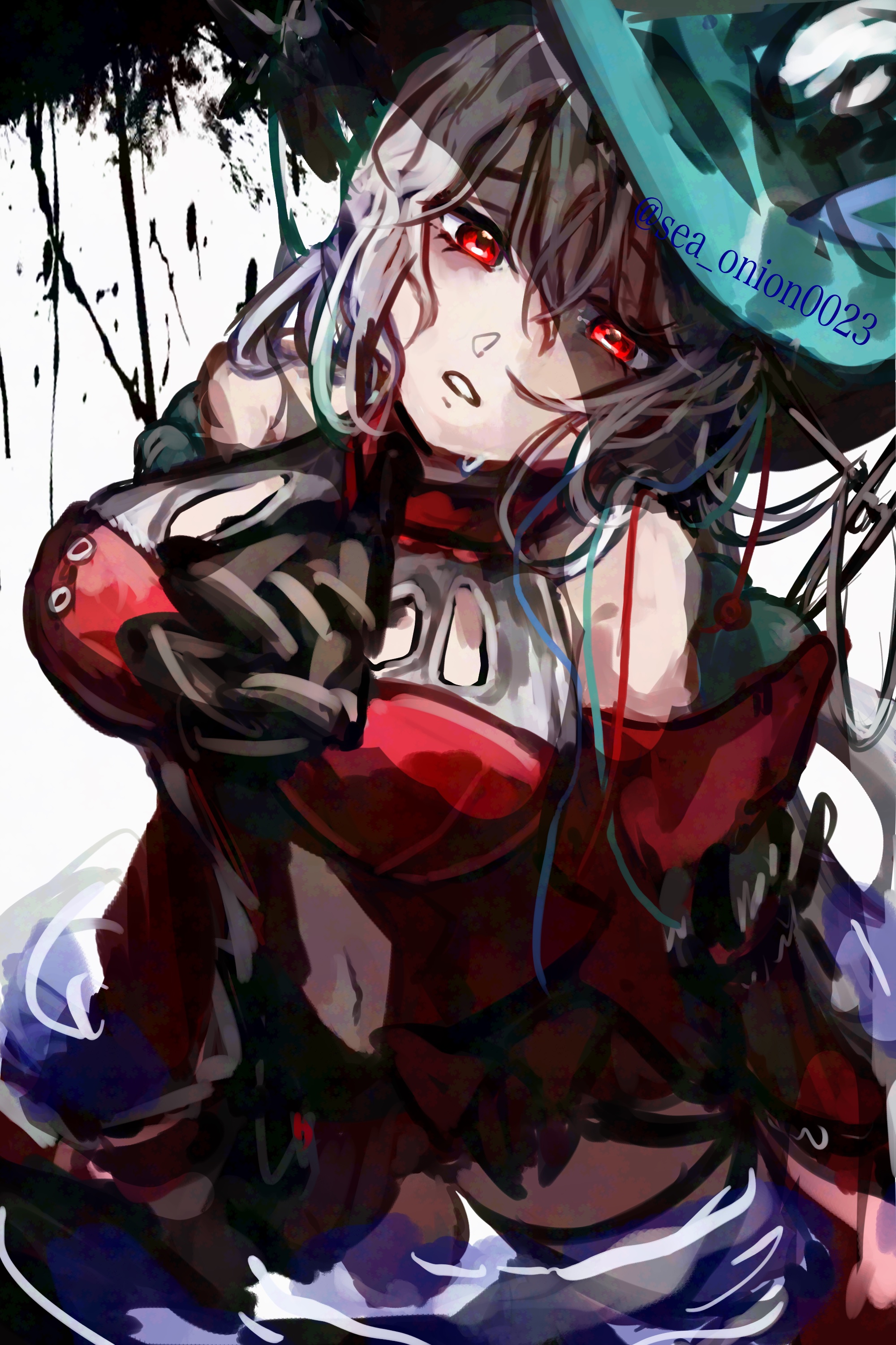 sea onion0023, skadi (arknights), skadi the corrupting heart (arknights), arknights, absurdres, highres, 1girl, aqua gloves, artist name, ascot, bare shoulders, black ascot, breasts, clothing cutout, cowboy shot, detached sleeves, dress, from above, gloves, hair between eyes, hat, head tilt, large breasts, leg ribbon, long hair, long sleeves, looking at viewer, messy hair, navel cutout, off-shoulder dress, off shoulder, official alternate costume, parted lips, red dress, red eyes, red sleeves, ribbon, simple background, solo, very long hair, wading, water, white background, white hair