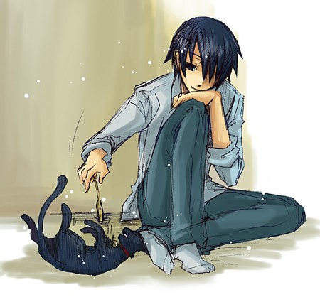 hei (darker than black), mao (darker than black), darker than black, lowres, 00s, 1boy, animal, bell, black cat, black eyes, black hair, cat, cattail, collar, denim, hair over one eye, hand on own knee, jeans, male focus, on floor, pants, plant, playing, shirt, sitting, socks, solo, white shirt