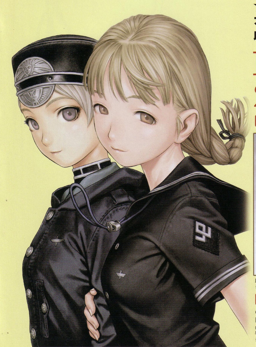 murata range, alister agrew, tatiana wisla, last exile, highres, scan, 00s, 2girls, art deco, braid, breasts, hat, military, military uniform, multiple girls, school uniform, serafuku, small breasts