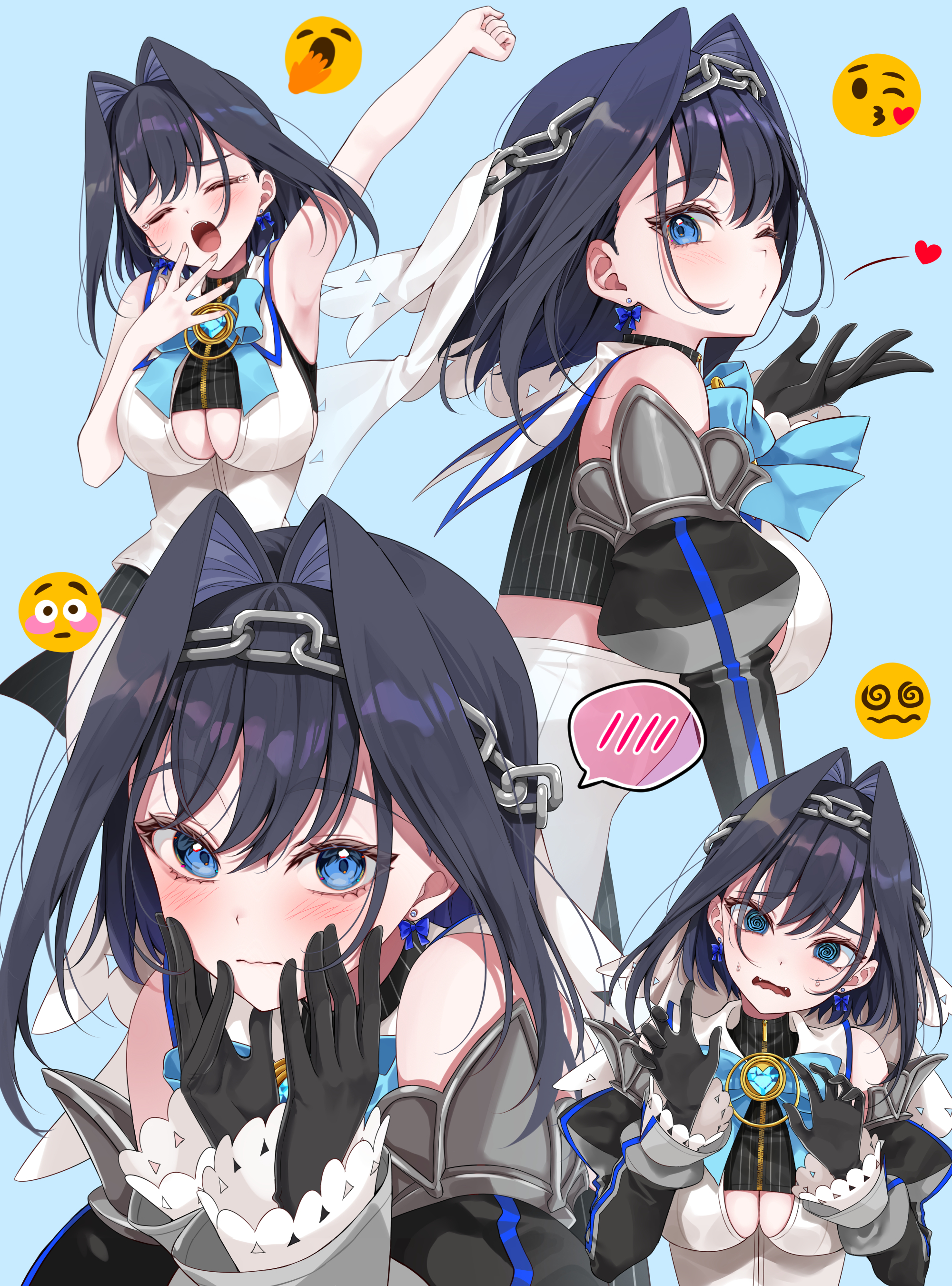 mogu (au1127), ouro kronii, ouro kronii (1st costume), hololive, hololive english, absurdres, commentary, hashtag-only commentary, highres, 1girl, @ @, armpits, black gloves, black shirt, black sleeves, blowing kiss, blue background, blue bow, blue bowtie, blue eyes, blue hair, bow, bow earrings, bowtie, breasts, brooch, chain, chain headband, closed eyes, closed mouth, cropped shirt, detached sleeves, earrings, emoji, frilled sleeves, frills, gloves, grey sleeves, hand up, heart, heart-shaped gem, heart brooch, jewelry, juliet sleeves, large breasts, long sleeves, looking at viewer, multiple views, one eye closed, open mouth, outstretched arm, pinstripe pattern, pinstripe shirt, puffy sleeves, sailor collar, shirt, short hair, simple background, spoken blush, veil, vest, virtual youtuber, wavy mouth, white sailor collar, white veil, white vest, yawning