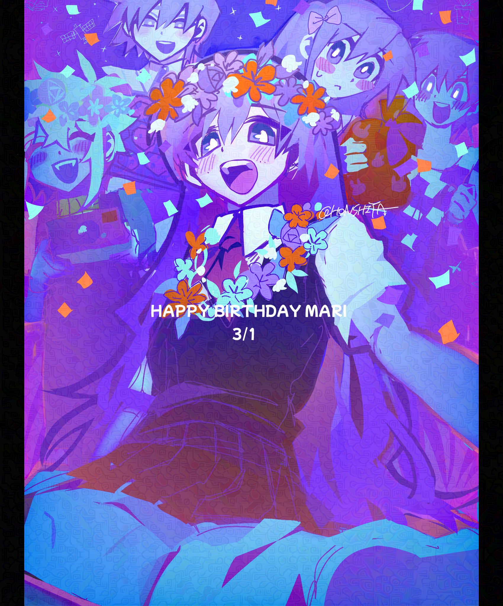 honshiya, aubrey (headspace) (omori), aubrey (omori), basil (headspace) (omori), basil (omori), hero (headspace) (omori), hero (omori), kel (headspace) (omori), kel (omori), mari (headspace) (omori), mari (omori), omori, adversarial noise, highres, 2girls, 3boys, bow, camera, flower, hair bow, hair flower, hair ornament, happy birthday, head wreath, holding, holding camera, looking at viewer, multiple boys, multiple girls, open mouth, purple theme, signature, smile