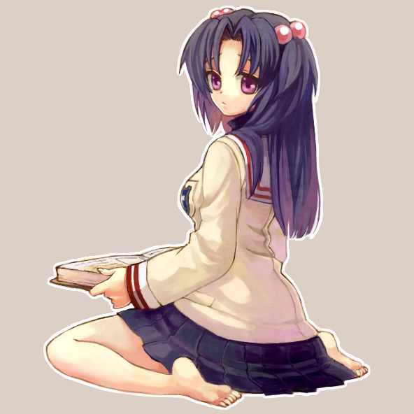 yonko, ichinose kotomi, clannad, 00s, 1girl, barefoot, book, female focus, hair bobbles, hair ornament, looking back, school uniform, serafuku, solo, two side up