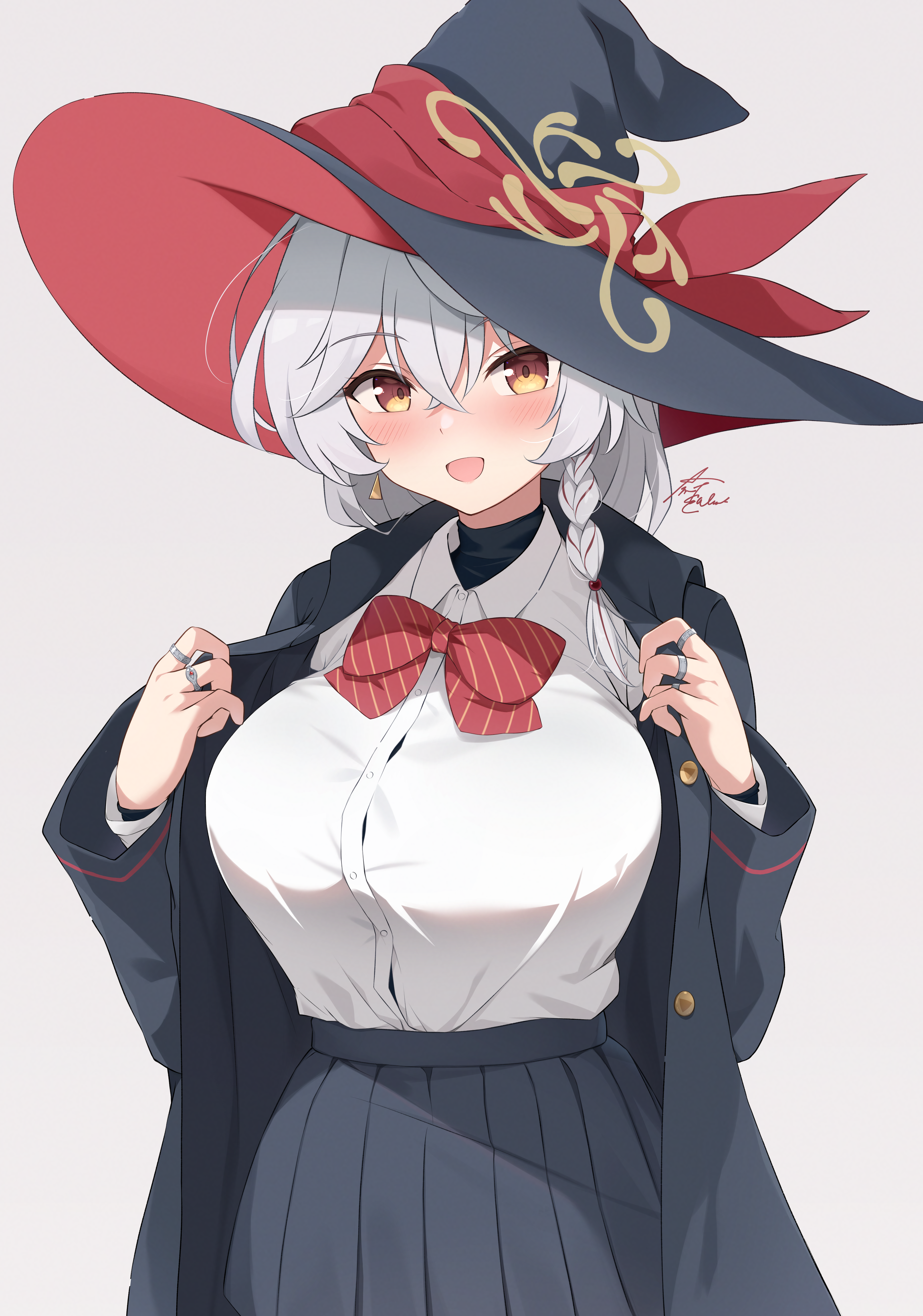 ameno sagiri (artist), eri (blue archive), blue archive, absurdres, commentary request, highres, 1girl, artist name, black hat, black jacket, black skirt, blush, bow, bowtie, braid, breasts, buttons, collared shirt, crossed bangs, diagonal-striped bow, diagonal-striped bowtie, diagonal-striped clothes, earrings, grey background, hair between eyes, halo, hands up, hat, hat ribbon, jacket, jewelry, large breasts, long hair, long sleeves, looking at viewer, multicolored hair, multiple rings, open clothes, open jacket, open mouth, pleated skirt, red bow, red bowtie, red ribbon, red streaks, red trim, ribbon, ring, shirt, shirt tucked in, side halo, signature, single braid, single earring, skirt, smile, solo, standing, streaked hair, striped bow, striped bowtie, striped clothes, sweatdrop, triangle earrings, two-sided fabric, two-sided headwear, unbuttoned jacket, very long hair, white hair, witch hat, yellow eyes, yellow halo