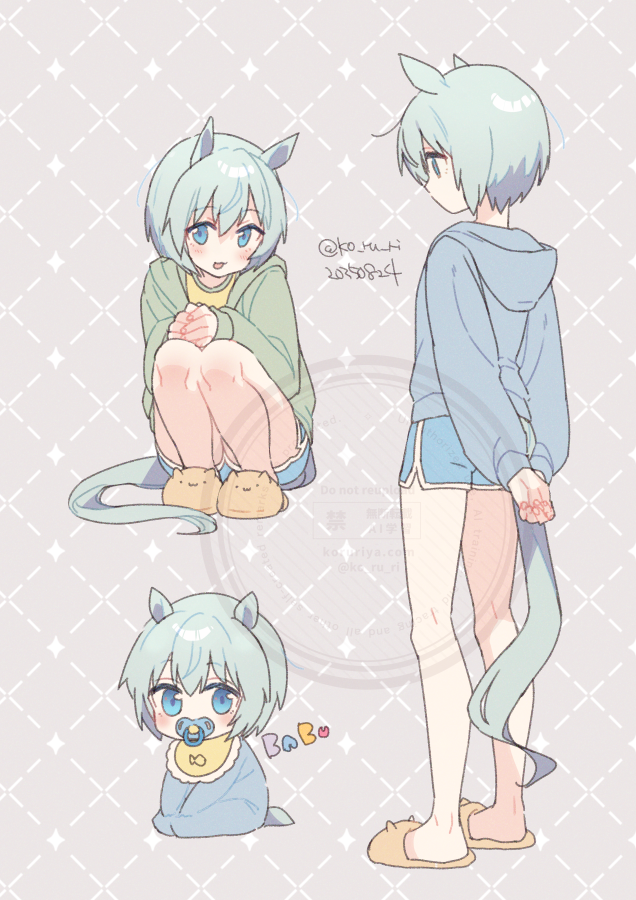 koruri, seiun sky (umamusume), umamusume, commentary request, 1girl, aged down, animal ears, arms behind back, baby, bib, blue eyes, blue hoodie, blue shorts, brown slippers, dated, dolphin shorts, green jacket, grey background, grey hair, hair between eyes, hood, hood down, hooded jacket, hoodie, horse ears, horse girl, horse tail, jacket, multiple views, onesie, own hands together, pacifier, shirt, short shorts, shorts, slippers, squatting, tail, twitter username, watermark, yellow shirt