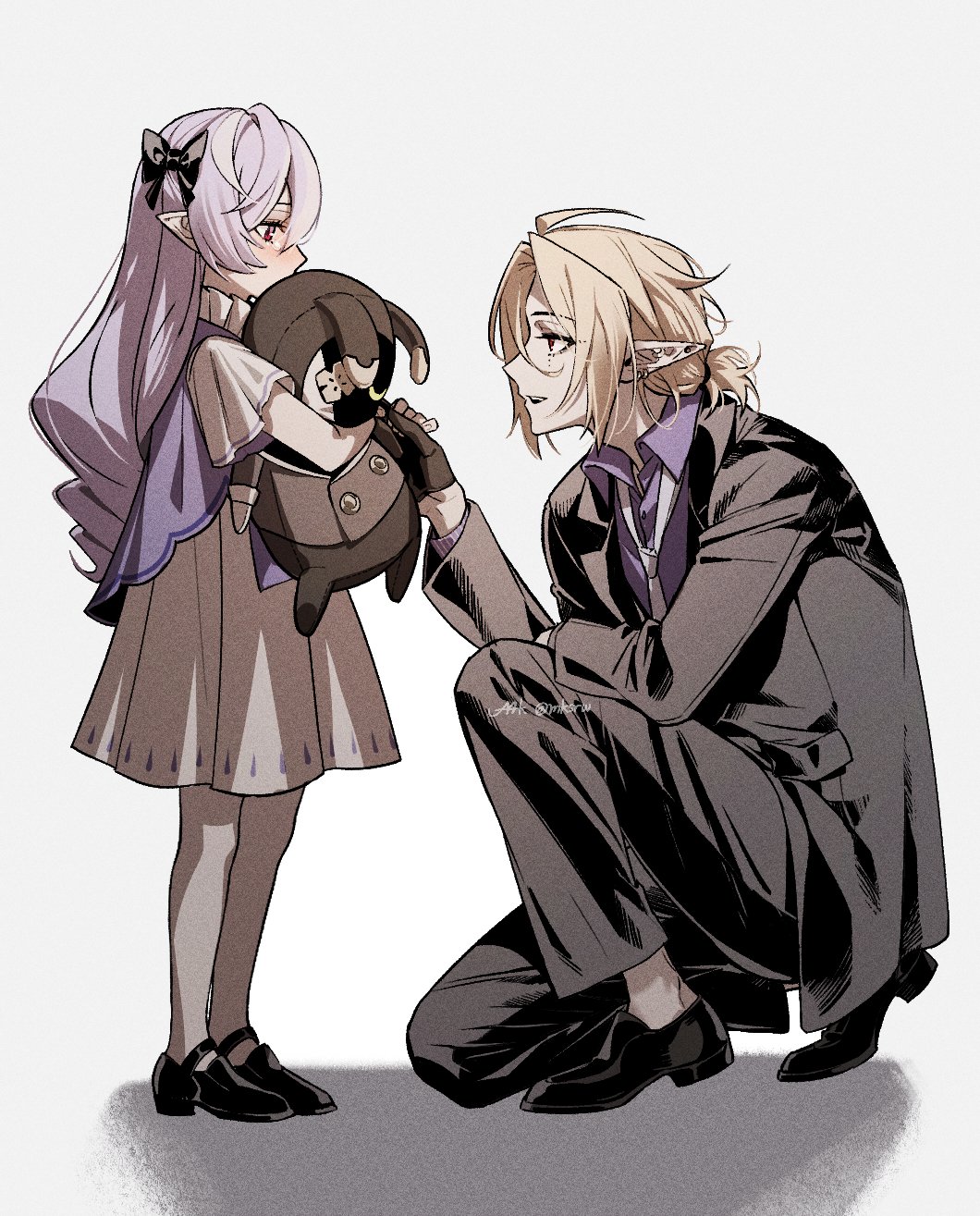 maka (mksrw), hugo vlad, vivian banshee, zenless zone zero, highres, 1boy, 1girl, aged down, black bow, black gloves, black jacket, black pants, black shoes, blonde hair, bow, collared shirt, crying, crying with eyes open, curled ends, dress, full body, gloves, hair bow, half gloves, jacket, low ponytail, mole, mole under eye, necktie, pants, parted bangs, pointy ears, ponytail, purple hair, purple shirt, purple vest, red eyes, shirt, shoes, short ponytail, short sleeves, simple background, squatting, standing, suit jacket, tears, vest, white background, white dress, white necktie