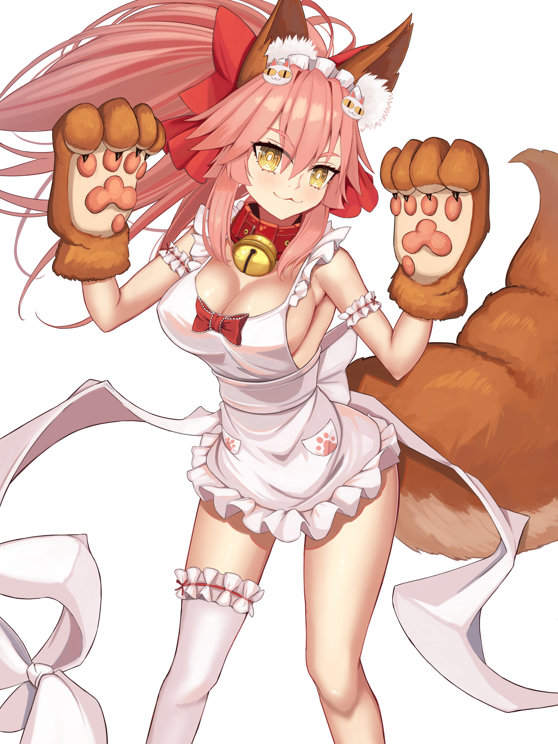kapi-san, tamamo (fate), tamamo cat (fate), tamamo cat (third ascension) (fate), fate/grand order, fate (series), highres, 1girl, animal ears, animal hands, apron, bare shoulders, bell, blush, breasts, cat hair ornament, cleavage, collar, fox ears, fox tail, gloves, hair ornament, jingle bell, large breasts, long hair, looking at viewer, maid headdress, naked apron, neck bell, paw gloves, pink hair, ponytail, sideboob, sidelocks, smile, solo, tail, thighs, yellow eyes