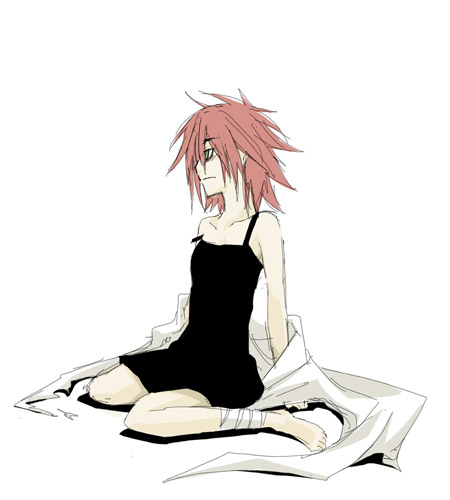 havoc (darker than black), darker than black, lowres, tagme, 00s, 1girl, bare shoulders, female focus, green eyes, short hair, simple background, sitting, solo