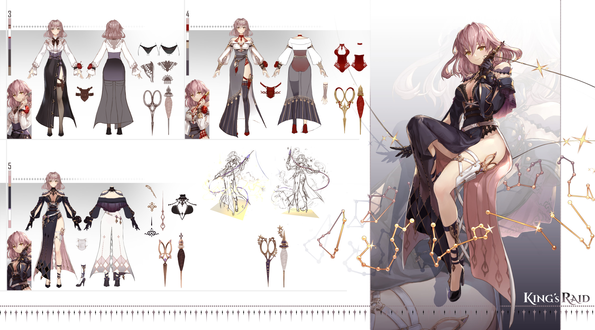 yuria (king's raid), king's raid, commentary, concept art, english commentary, highres, official art, 1girl, ankle ribbon, aries (constellation), belt, black bra, black dress, black gloves, black panties, black shoes, black skirt, black sleeves, black thighhighs, bra, breasts, brown hair, cancer (constellation), capricorn (constellation), cleavage, color guide, constellation, corset, detached sleeves, dress, full body, gloves, high heels, invisible chair, ji yu lee, leg ribbon, leo (constellation), leotard, long dress, long skirt, medium breasts, medium hair, multiple views, no panties, panties, pincushion, pink dress, pisces (constellation), pouch, purple corset, red leotard, red shoes, reference sheet, ribbon, sagittarius (constellation), scissors, scorpius (constellation), shirt, shoes, side slit, single bare leg, single thighhigh, sitting, skirt, smile, solo, sparkle, spindle, star (symbol), striped clothes, striped dress, striped thighhighs, taurus (constellation), thigh pouch, thighhighs, thread, turnaround, two-sided dress, two-sided fabric, underwear, vertical-striped clothes, vertical-striped dress, vertical-striped thighhighs, white belt, white dress, white shirt, yellow eyes