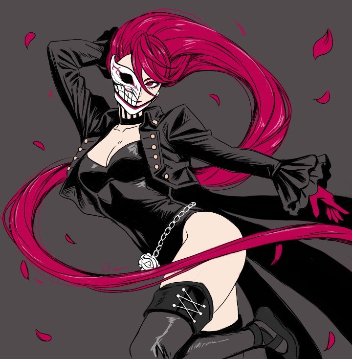 divadiva548447, acrobatic silky (dandadan), violet (persona 5), yoshizawa kasumi, persona, persona 5, persona 5 the royal, 1girl, asymmetrical mask, black jacket, black leotard, breasts, frilled sleeves, frills, gloves, jacket, leotard, leotard under clothes, long hair, long sleeves, medium breasts, red eyes, red gloves, red hair, red petals, very long hair