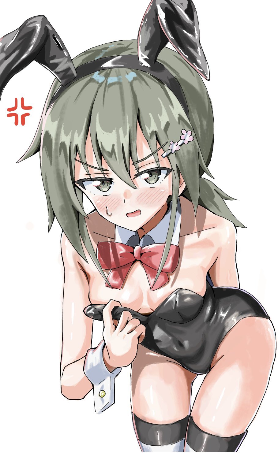 masamune mino, minowa gin, washio sumi wa yuusha de aru, yuusha de aru, highres, 1girl, anger vein, angry, animal ears, black leotard, blush, bow, bowtie, breasts, collarbone, covered navel, cowboy shot, detached collar, downblouse, embarrassed, fake animal ears, flower, green eyes, green hair, grey eyes, grey hair, hair between eyes, hair flower, hair ornament, hairclip, leaning forward, leotard, long hair, looking at viewer, low ponytail, medium hair, open mouth, oversized breast cup, playboy bunny, ponytail, rabbit ears, red bow, red bowtie, short hair, simple background, small breasts, solo, strapless, strapless leotard, striped clothes, striped thighhighs, sweatdrop, thigh gap, thighhighs, white background, wrist cuffs