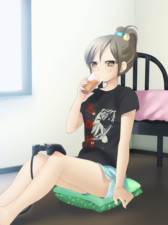 piyodera mucha, saitou hajime, saitou hajime (rurouni kenshin), original, rurouni kenshin, translated, 1girl, bed, blue shorts, brown eyes, brown hair, controller, cup, cushion, drinking, drinking glass, female focus, from side, game controller, hair ornament, hand up, high ponytail, indoors, playing games, ponytail, shirt, short ponytail, short shorts, short sleeves, shorts, sitting, solo, t-shirt, video game, window