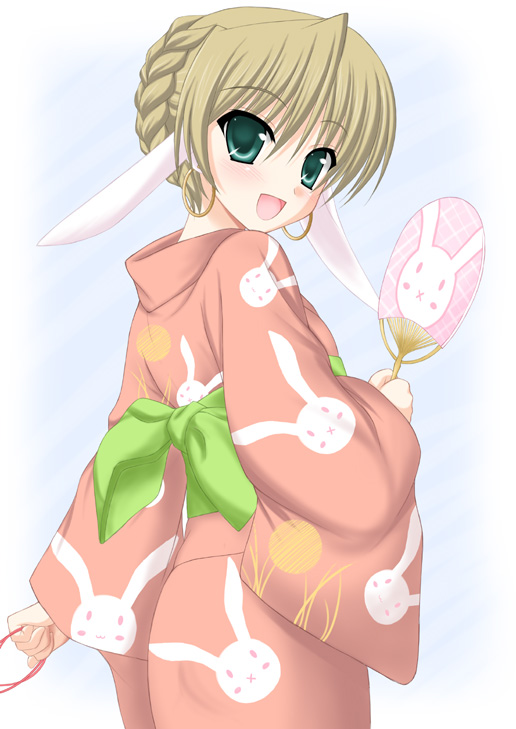 minamori noeru, kuuya amrulineulka, utawarerumono, tagme, 00s, 1girl, earrings, female focus, gradient background, hand fan, japanese clothes, jewelry, kimono, solo