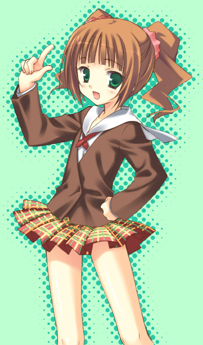 mori keiji, takatsuki yayoi, idolmaster, idolmaster (classic), idolmaster 1, 00s, 1girl, brown eyes, female focus, green eyes, open mouth, school uniform, serafuku, solo, twintails