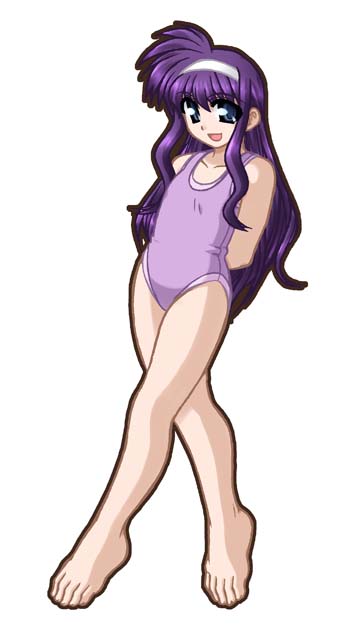ooba kou, lyrical nanoha, mahou shoujo lyrical nanoha, 00s, 1girl, :d, barefoot, blue eyes, female focus, flat chest, long hair, looking at viewer, open mouth, purple hair, simple background, smile, solo, standing, very long hair, white background
