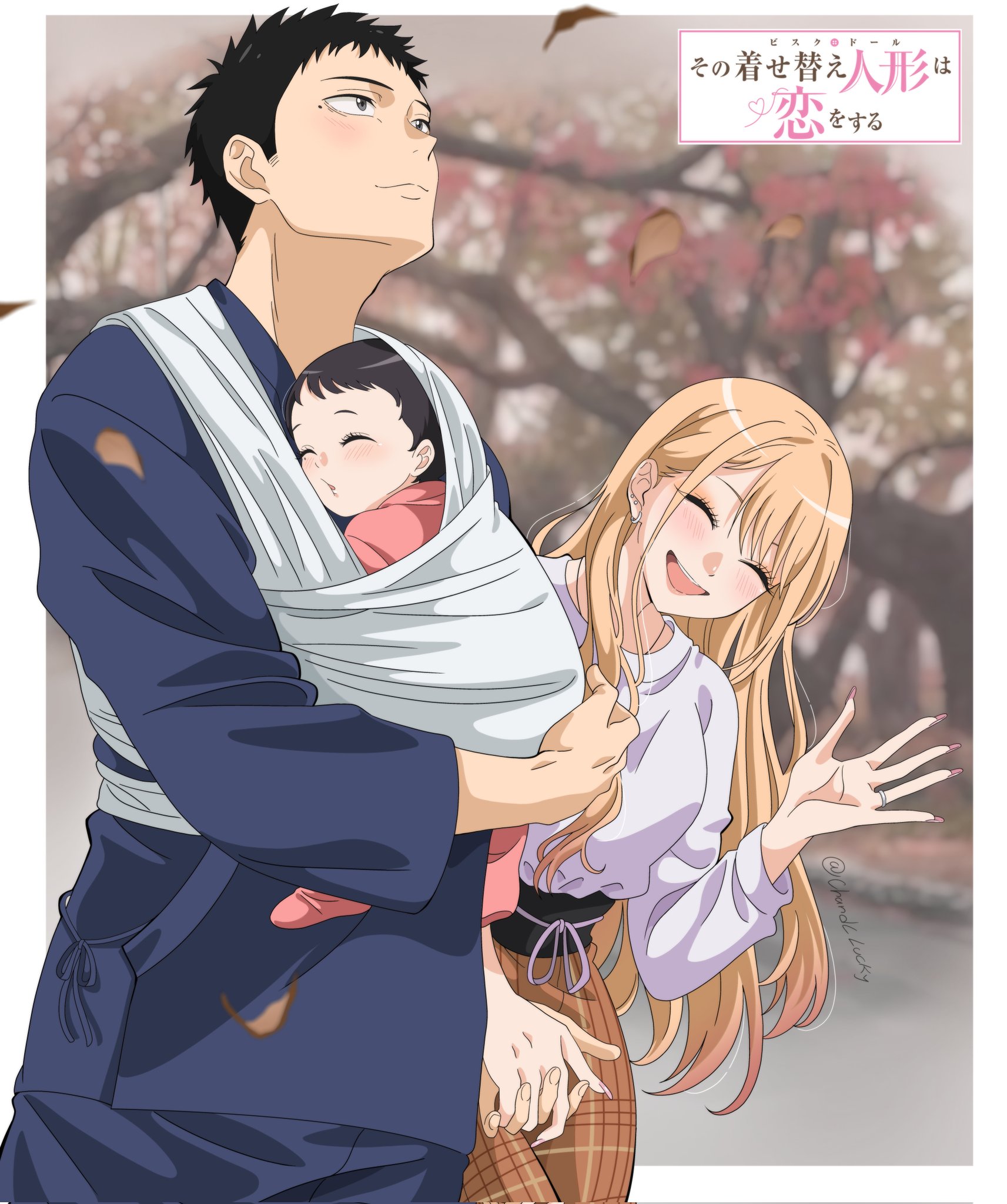 chandllucky, gojou wakana, kitagawa marin, sono bisque doll wa koi wo suru, father and child, commentary, english commentary, highres, spoilers, 1boy, 1girl, baby, black hair, blonde hair, brown pants, copyright name, family, husband and wife, if they mated, japanese clothes, logo, long hair, looking up, mole, mole under eye, mother and child, pants, petals, plaid clothes, plaid pants, shirt, short hair, tree, white shirt