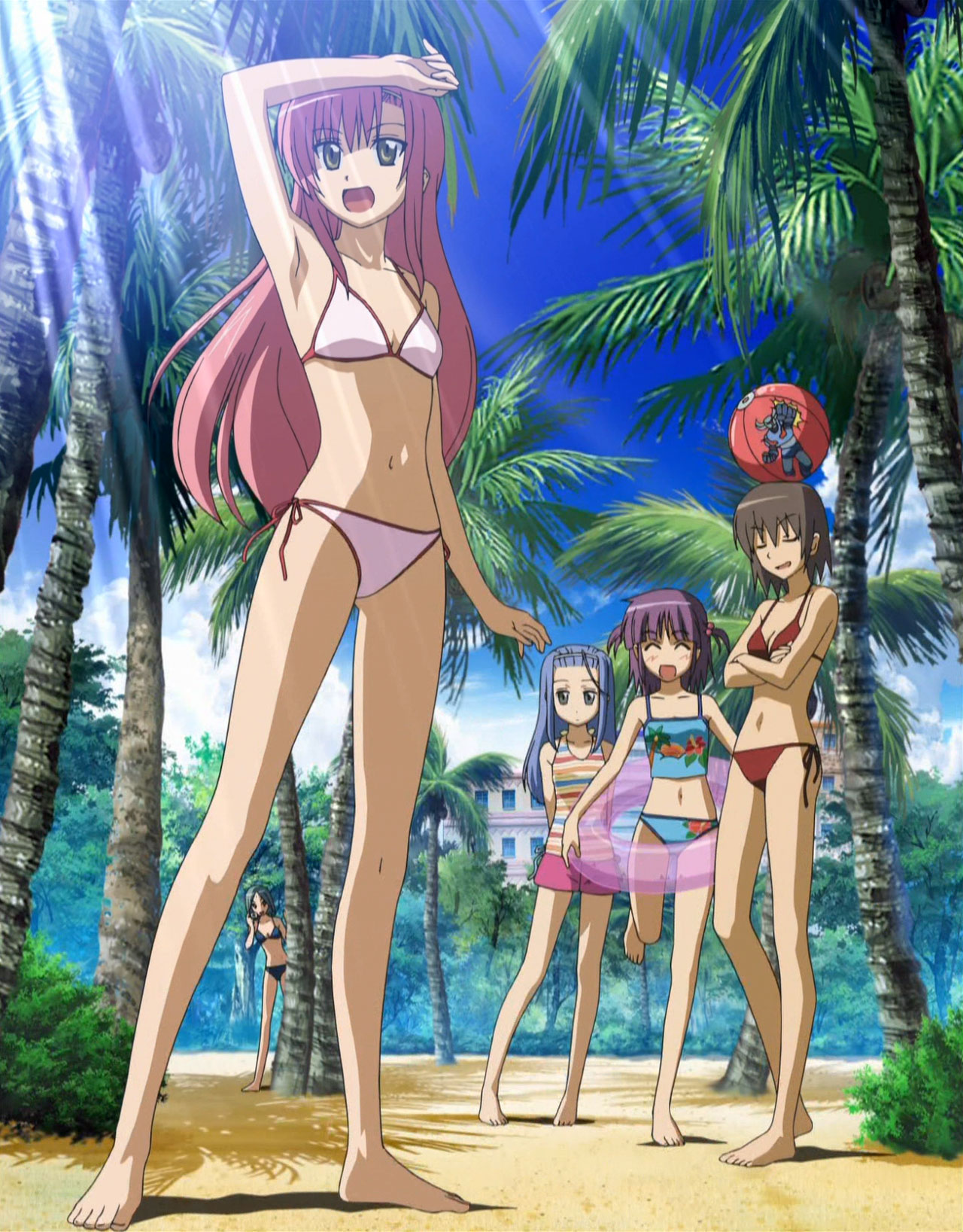 asakaze risa, hanabishi miki, katsura hinagiku, katsura yukiji, segawa izumi, hayate no gotoku!, anime screenshot, highres, stitched, third-party edit, 00s, 5girls, armpits, bare legs, barefoot, bikini, day, innertube, long legs, multiple girls, shirt, side-tie bikini bottom, striped clothes, striped shirt, swim ring, swimsuit