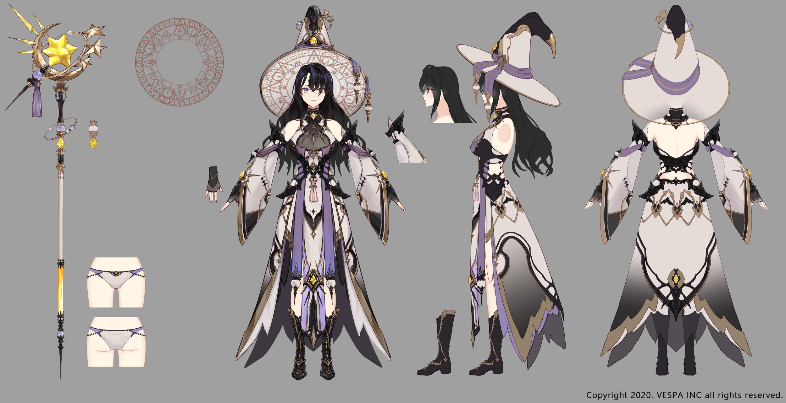 king's raid, concept art, highres, official art, armor, armored dress, black boots, black dress, black gloves, black hair, blue eyes, boots, crescent, detached sleeves, dress, fingerless gloves, gloves, hat, isolet (king's raid), ji yu lee, long hair, mage staff, magic circle, multiple views, panties, pelvic curtain, purple panties, reference sheet, star (symbol), turnaround, underwear, white dress, white hat, wide sleeves, witch hat