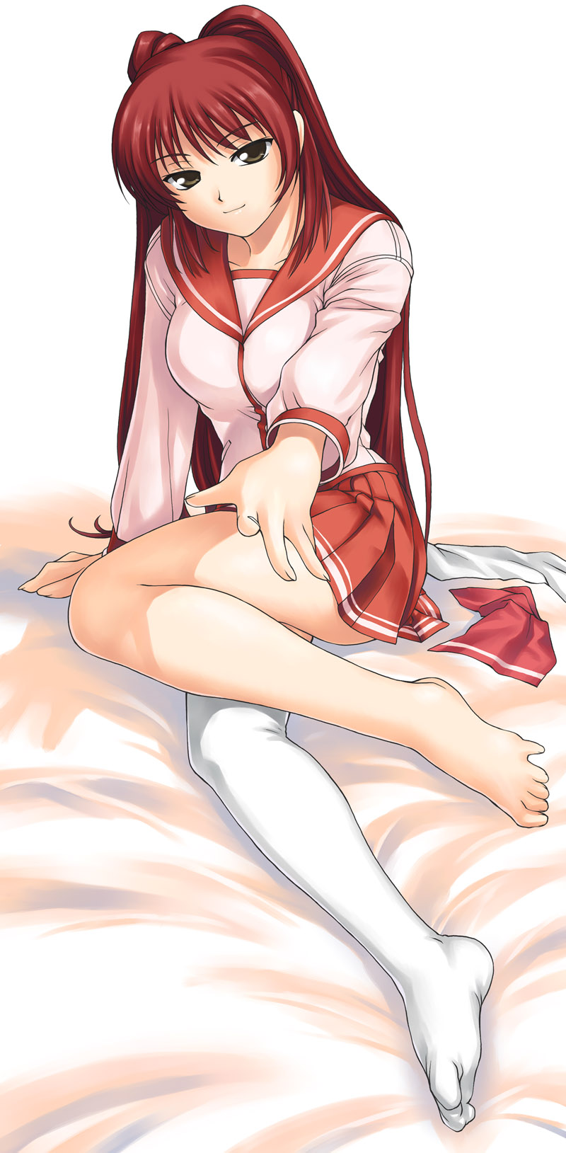 tanaka shoutarou, kousaka tamaki, to heart, to heart (series), to heart 2, highres, long image, tall image, 00s, 1girl, asymmetrical clothes, bad anatomy, bad feet, barefoot, brown eyes, feet, female focus, long hair, poorly drawn, red hair, school uniform, serafuku, single thighhigh, sitting, skirt, solo, thighhighs, toes, twintails, undressing