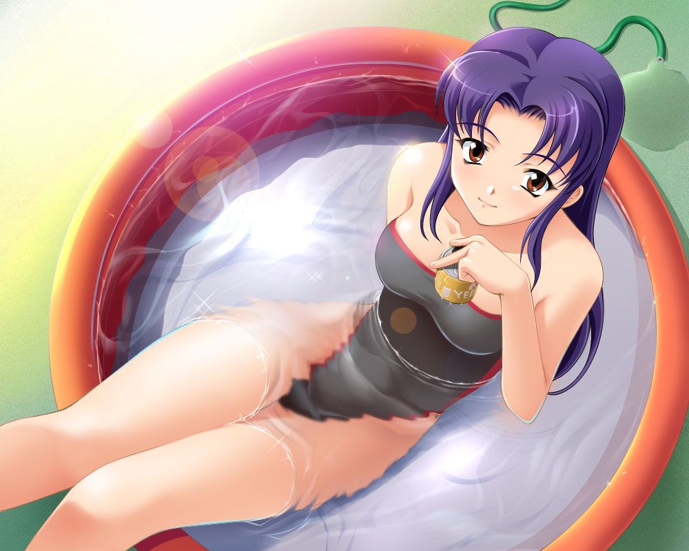 yuhji, katsuragi misato, neon genesis evangelion, 1girl, alcohol, alternate costume, bare arms, bare legs, bare shoulders, beer, black one-piece swimsuit, blue hair, blush, breasts, brown eyes, can, casual one-piece swimsuit, closed mouth, female focus, from above, highleg, highleg one-piece swimsuit, hose, lens flare, long hair, long legs, looking at viewer, looking up, medium breasts, one-piece swimsuit, parted bangs, pool, purple hair, ripples, sidelocks, sitting, smile, solo, sparkle, straight hair, strapless, strapless one-piece swimsuit, swimsuit, wading pool, water