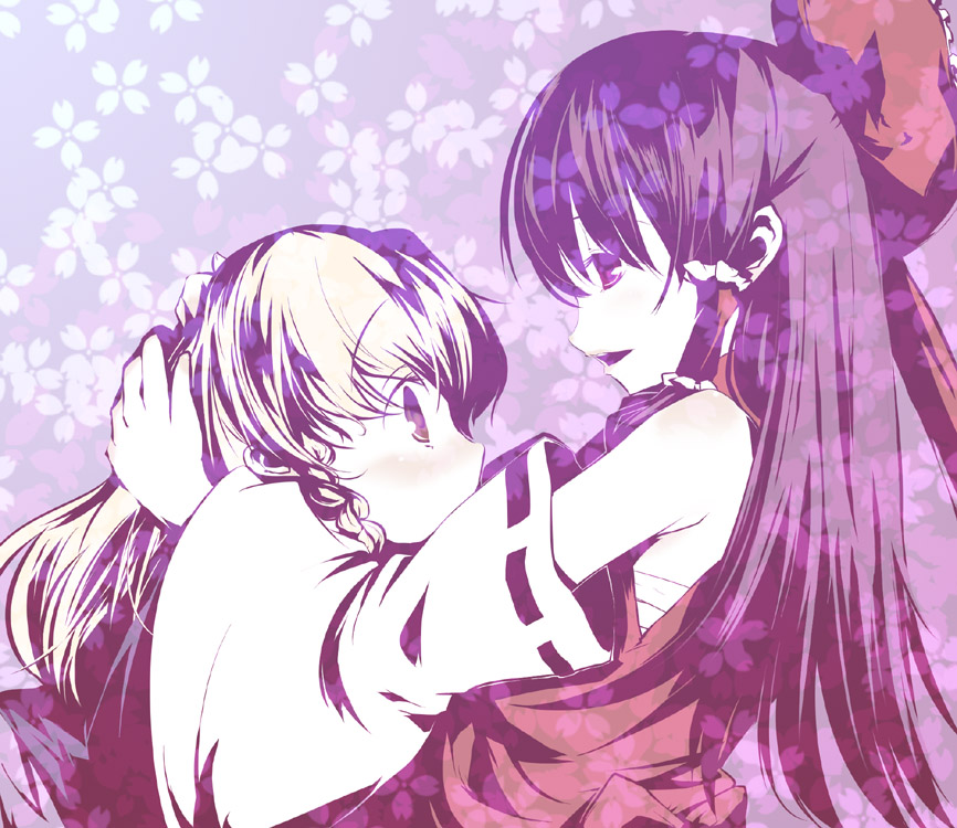 mikage sekizai, hakurei reimu, kirisame marisa, touhou, 2girls, blonde hair, blush, bow, braid, detached sleeves, female focus, hair bow, hair tubes, high contrast, japanese clothes, miko, monochrome, multiple girls, no headwear, purple theme, sarashi, side braid, yuri