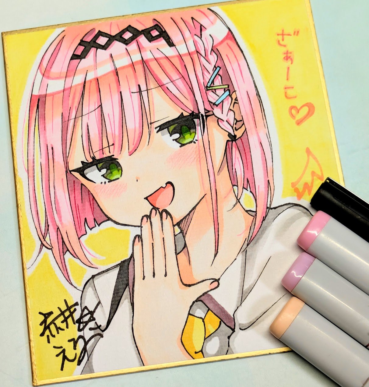 tanikaze amane, tenshi souzou re-boot!, commentary, highres, photo (medium), traditional media, translated, 1girl, :d, art tools in frame, black hairband, blunt ends, blush, bob cut, braid, collared shirt, erika akai, eyelashes, fang, fingernails, furrowed brow, green eyes, hair between eyes, hair ornament, hairband, hairclip, hand up, heart, looking at viewer, mizuka academy school uniform, necktie, open mouth, outline, pink hair, school uniform, shikishi, shirt, short hair, side braid, signature, simple background, skin fang, smile, smirk, smug, solo, straight hair, upper body, white outline, white shirt, yellow background, yellow necktie, zako (phrase)