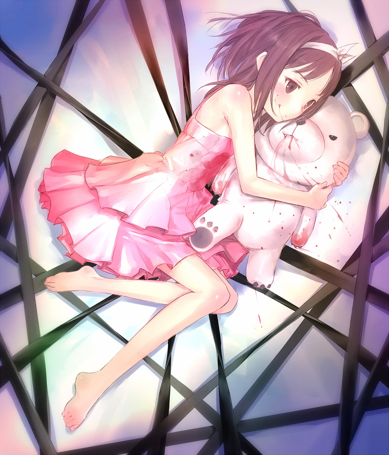 uni (plastic girl), original, 1girl, barefoot, blood, blood on face, brown eyes, brown hair, dress, feet, female focus, hairband, hugging doll, hugging object, lying, on side, pink skirt, short hair, skirt, solo, stuffed animal, stuffed toy, teddy bear