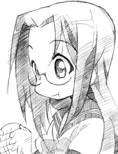 gofu, tamura hiyori, lucky star, traditional media, 00s, 1girl, female focus, glasses, greyscale, monochrome, sketch, solo