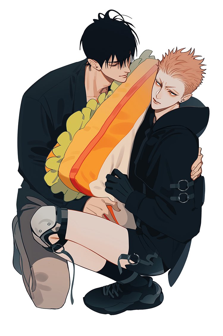 old xian, he tian, mo guan shan, 19 tian, chinese commentary, commentary request, 2boys, adam's apple, black gloves, black hair, black hoodie, black male underwear, black shirt, black shoes, closed eyes, closed mouth, collarbone, earrings, gloves, hand on another's back, hood, hoodie, jewelry, knee brace, kneeling, long sleeves, looking at another, male focus, male underwear, multiple boys, shirt, shoes, simple background, squatting, stuffed food, underwear, white background