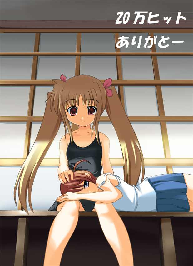 odaya, odayan, fate testarossa, takamachi nanoha, lyrical nanoha, mahou shoujo lyrical nanoha, 00s, 2girls, blonde hair, lap pillow, long hair, multiple girls, porch, twintails, veranda, very long hair