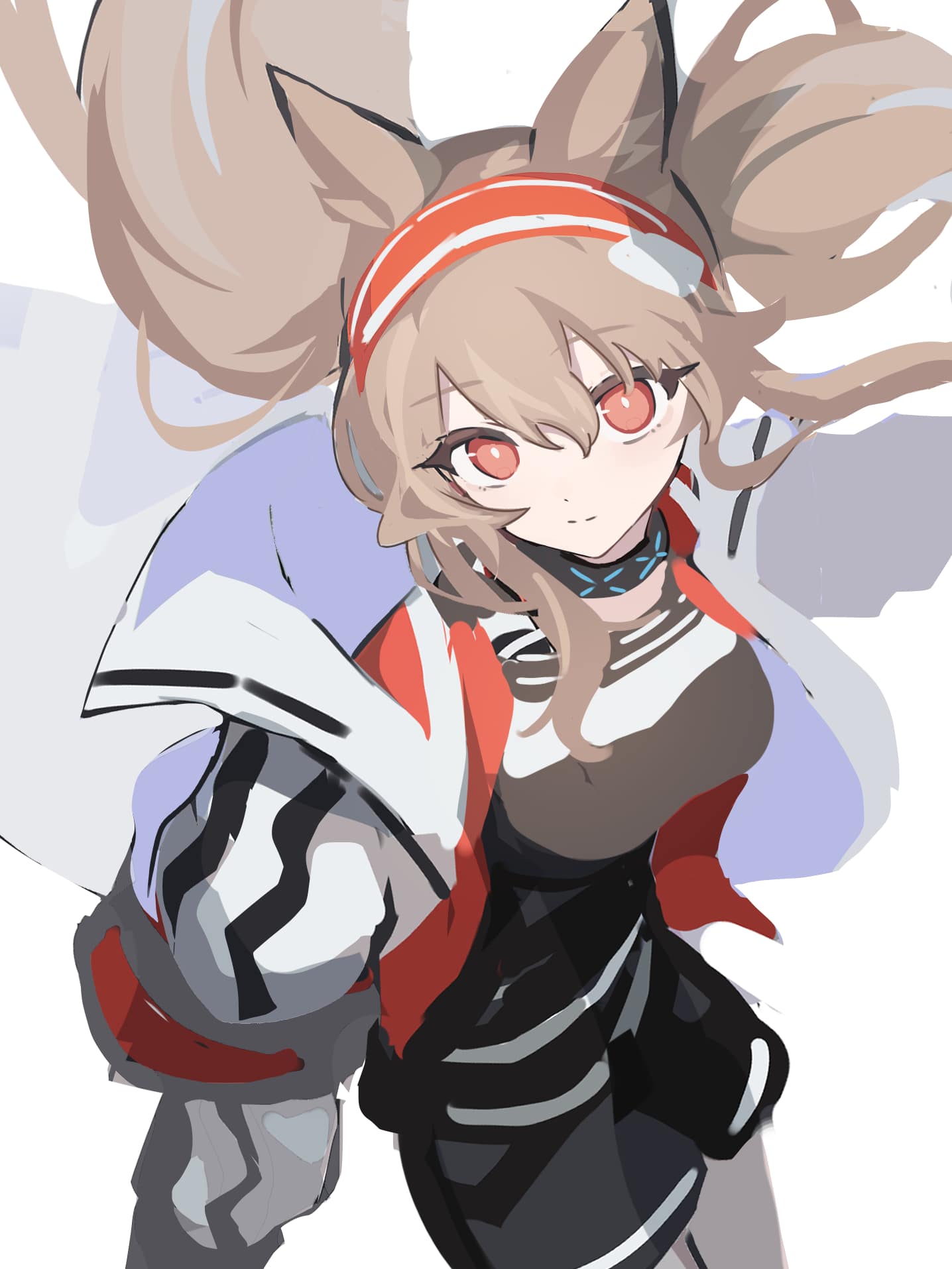 shiba42505719, angelina (arknights), infection monitor (arknights), arknights, highres, 1girl, animal ears, black collar, black shirt, black shorts, breasts, bright pupils, brown hair, coat, collar, dot nose, earpiece, floating hair, fox ears, fox girl, from above, hair between eyes, hairband, jacket, long hair, long sidelocks, long sleeves, looking at viewer, medium breasts, open clothes, open coat, open jacket, red eyes, red hairband, red jacket, shirt, shorts, sidelocks, smile, solo, split mouth, striped clothes, striped hairband, twintails, two-tone hairband, white background, white coat, white pupils