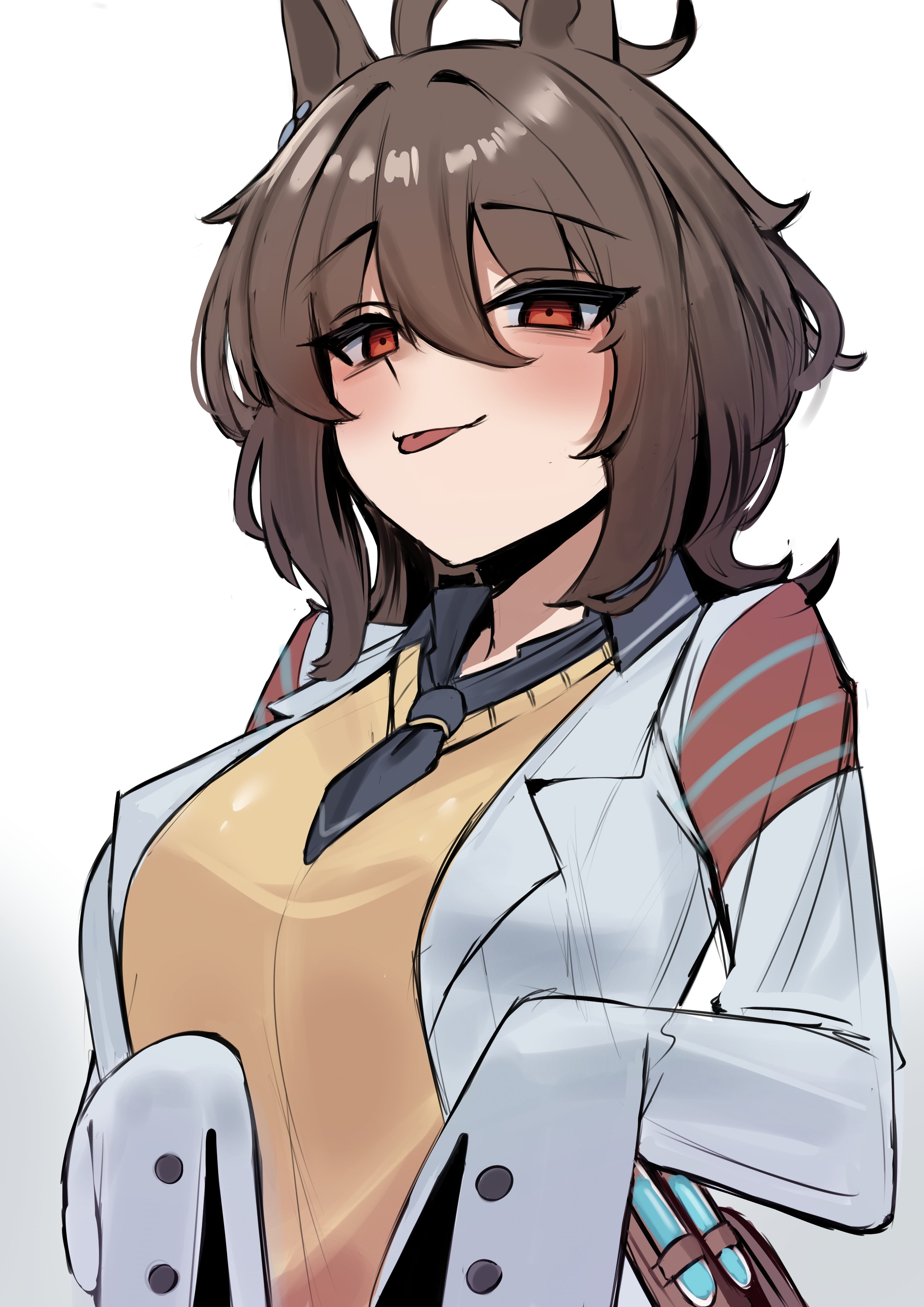 iog626, agnes tachyon (umamusume), umamusume, absurdres, highres, 1girl, ahoge, animal ears, bags under eyes, black necktie, black shirt, breasts, brown hair, closed mouth, coat, collared shirt, hair between eyes, horse ears, horse girl, lab coat, large breasts, long sleeves, medium hair, necktie, red eyes, scar, scar on face, shirt, short necktie, simple background, sleeves past fingers, sleeves past wrists, smile, solo, sweater, test tube, tongue, tongue out, white background, white coat, yellow sweater