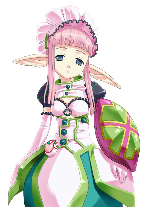 umekichi, ibara-hime, otogi-juushi akazukin, 00s, 1girl, armor, blunt bangs, bonnet, female focus, green skirt, juliet sleeves, long sleeves, looking at viewer, pointy ears, puffy long sleeves, puffy sleeves, shield, sidelocks, simple background, skirt, solo, white background