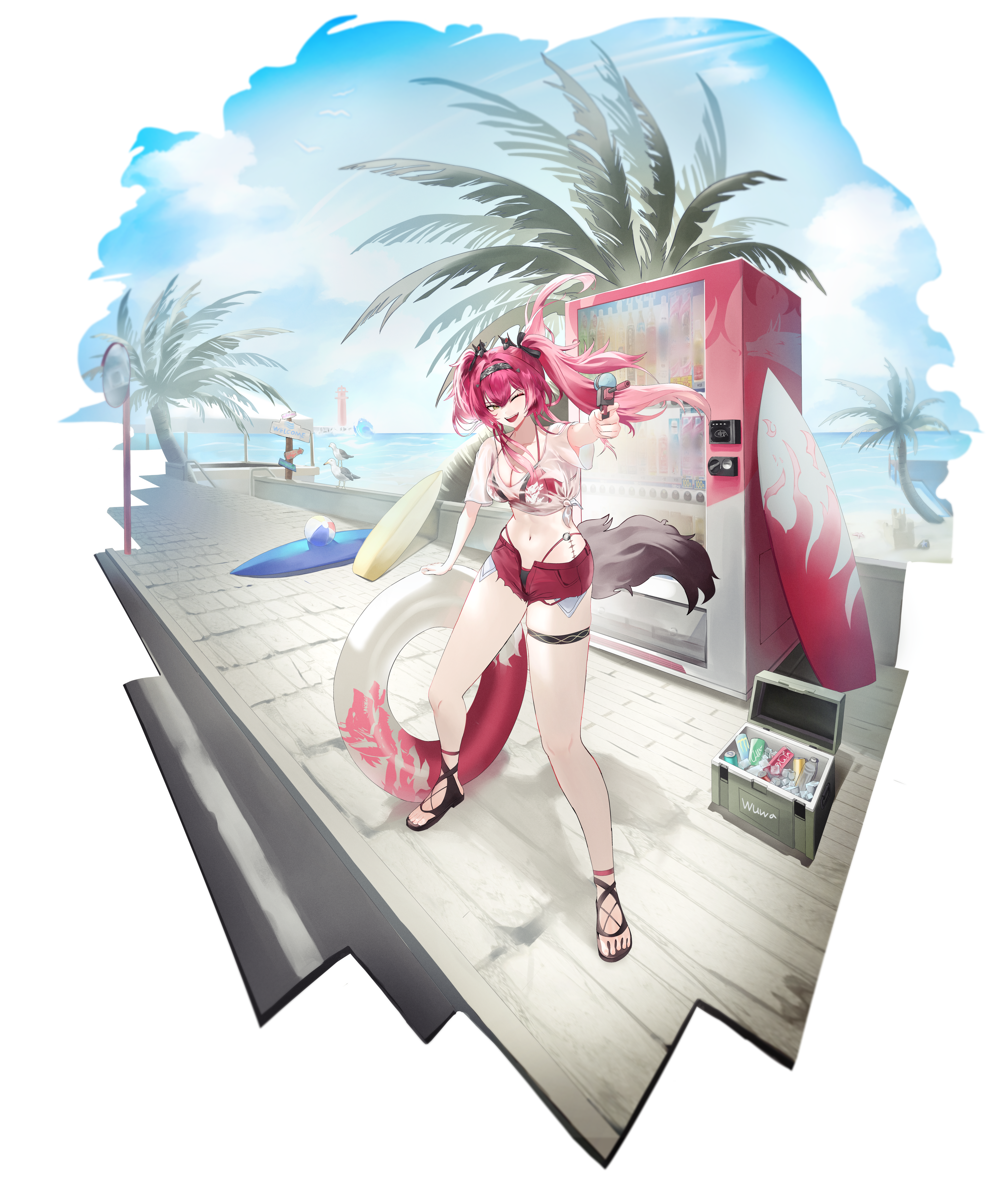 lupa (wuthering waves), wuthering waves, absurdres, highres, revision, 1girl, alternate costume, ball, beachball, bikini, black bikini, black bow, blue sky, bow, breasts, cleavage, cooler, day, hair between eyes, hair bow, hairband, holding, holding water gun, innertube, kmt (arca.live 36757522), long hair, looking at viewer, medium breasts, metal hairband, mismatched bikini, missing commentary, multiple hair bows, navel, ocean, one eye closed, open fly, open mouth, outdoors, red bikini, red shorts, sandals, shirt, shorts, sky, smile, solo, stomach, surfboard, swim ring, swimsuit, tacet mark (wuthering waves), tail, thigh strap, tied shirt, vending machine, water gun, white shirt, wolf tail, yellow eyes