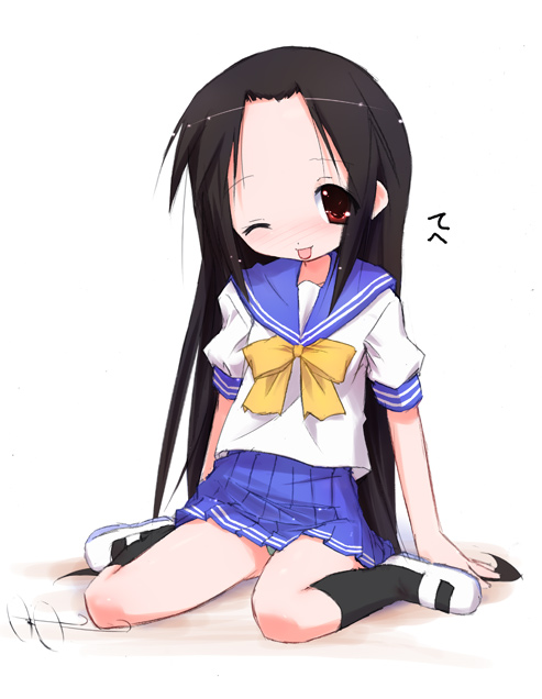 kuroba u, tamura hiyori, lucky star, 00s, 1girl, blush, female focus, glasses, no eyewear, one eye closed, school uniform, serafuku, sitting, solo, tongue, tongue out, unworn eyewear, wink