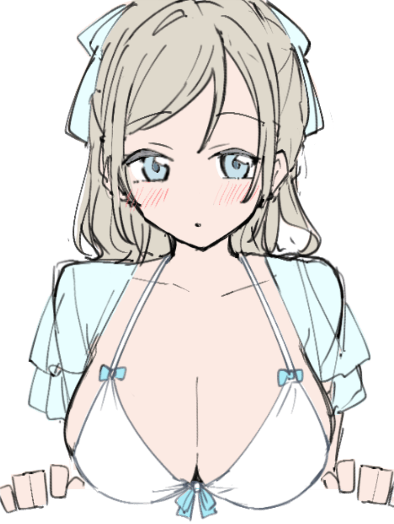 liz (piyoko piyop), ceras yanagida lilienfeld, link! like! love live!, love live!, 1girl, bikini, blue eyes, blush, bow, bow bikini, breasts, ceras yanagida lilienfeld (swimsuit), collarbone, grey hair, hair ribbon, hair up, jacket, large breasts, long hair, parted lips, ribbon, see-through clothes, see-through jacket, sideboob, sketch, solo, swimsuit, white background, white bikini