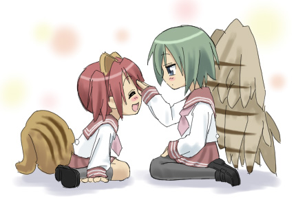 you2, iwasaki minami, kobayakawa yutaka, lucky star, lowres, 00s, pantyhose, school uniform, serafuku, tail, wings