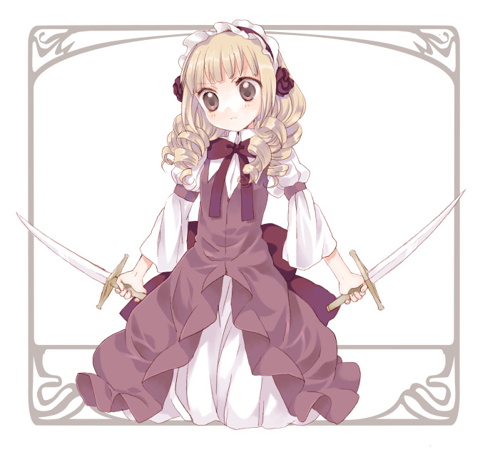 namori, original, 1girl, blonde hair, bow, bowtie, brown eyes, dress, drill hair, dual wielding, female focus, hairband, holding, lolita hairband, short hair, solo, sword, weapon