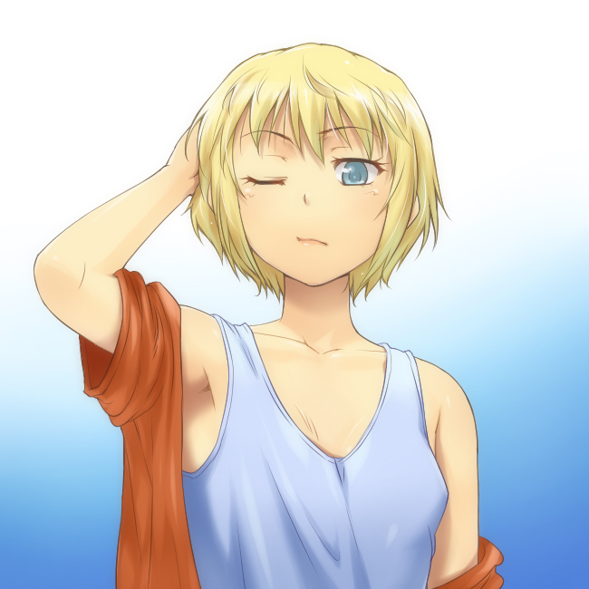 hairu, 1girl, armpits, blonde hair, blue eyes, female focus, one eye closed, short hair, sleeveless, solo, tank top, wink