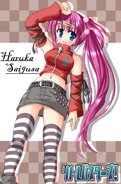 hiiragi tomoka, saigusa haruka, little busters!, striped legwear, tagme, 1girl, crop top, navel, thighhighs