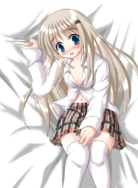 hiiragi tomoka, tagme, 1girl, breasts, female focus, lying, navel, school uniform, skirt, solo, thighhighs