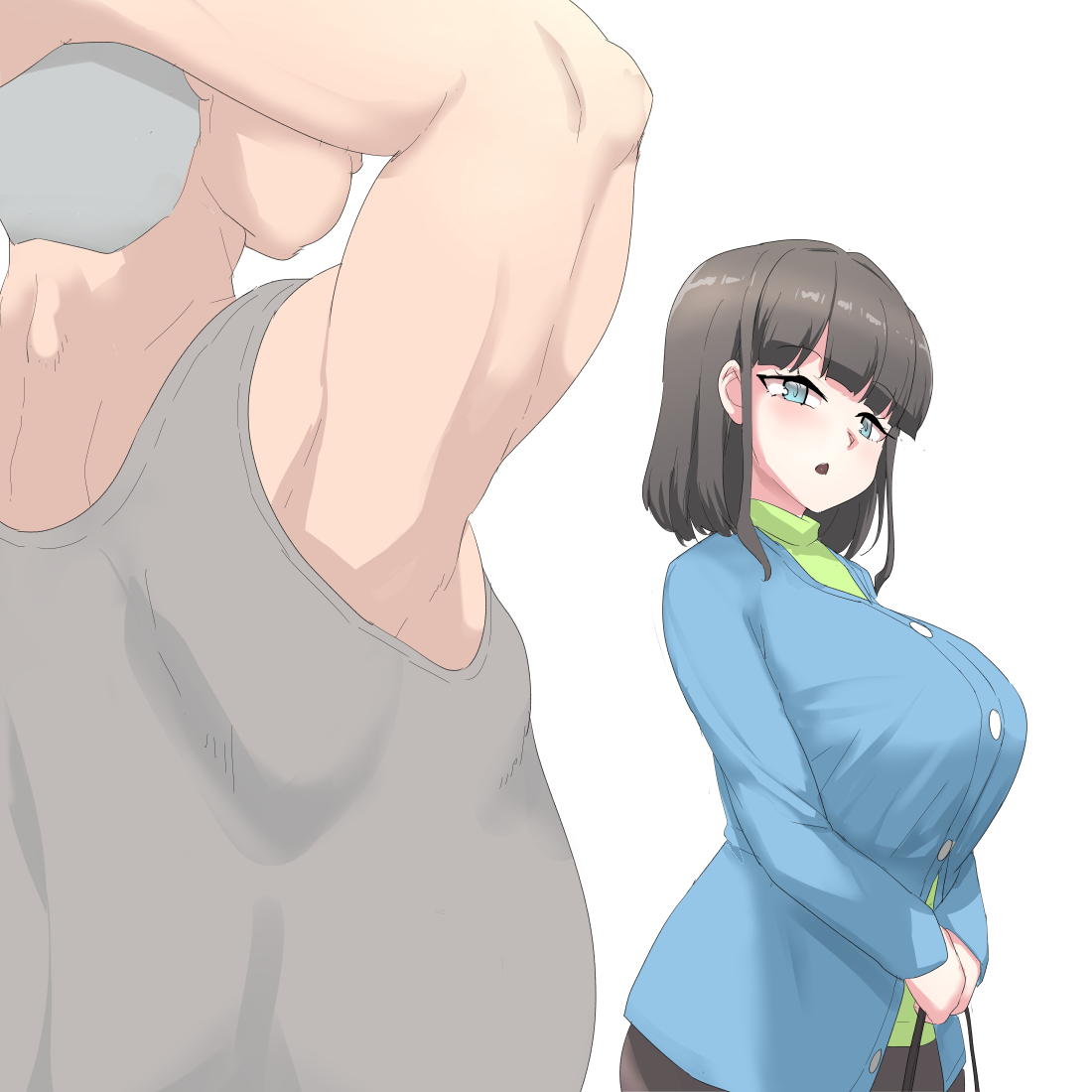 pt, akagi ikumi, seishun buta yarou, 1boy, 1girl, :o, blue eyes, blush, breasts, brown hair, fat, fat man, huge breasts, looking at viewer, medium hair, open mouth, simple background, white background