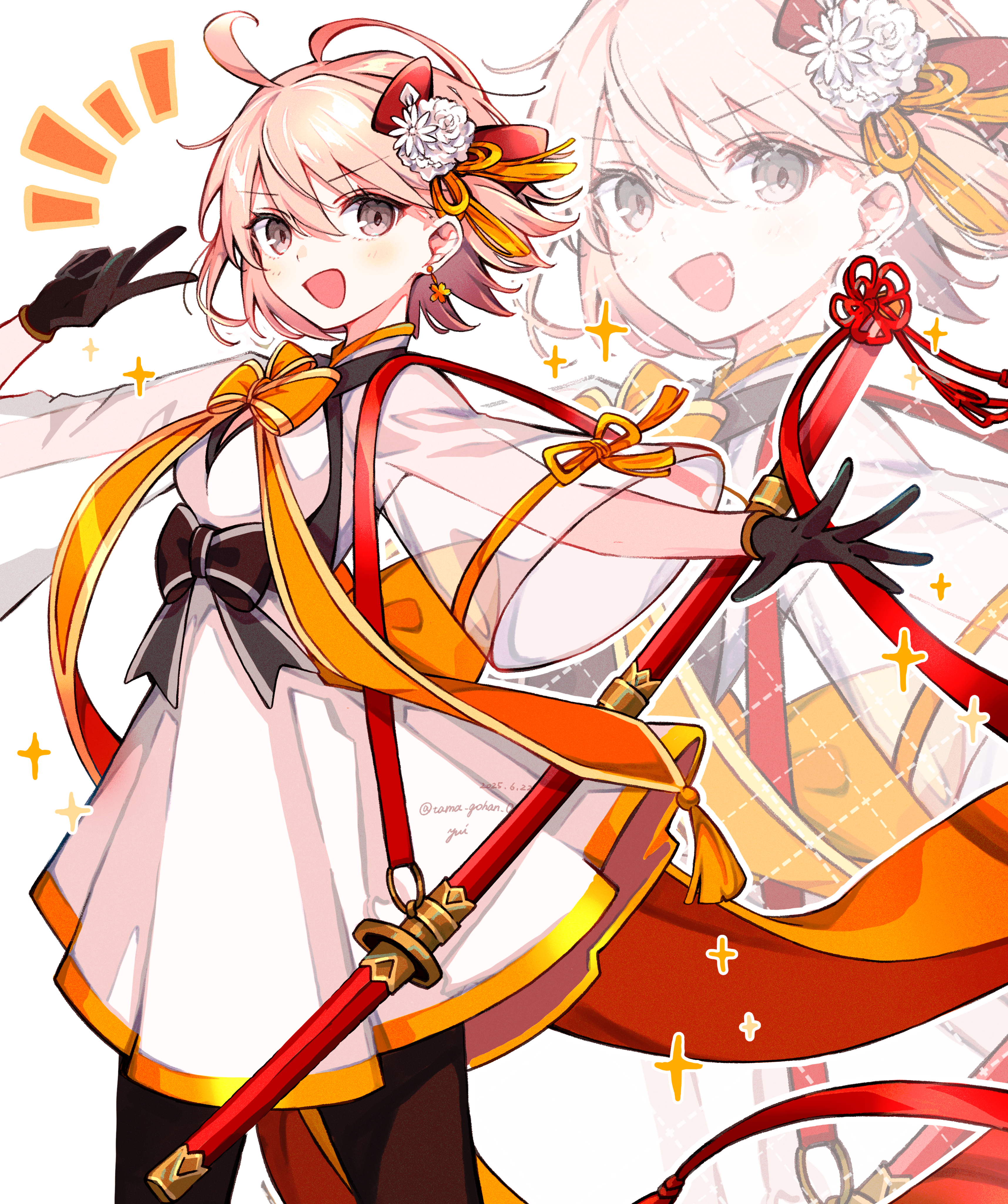 yui (tamagohan), okita souji (celebratory attire) (fate), okita souji (fate), fate/grand order, fate (series), absurdres, highres, 1girl, ahoge, black gloves, blonde hair, blush, bow, breasts, brown pantyhose, dress, gloves, grey eyes, hair ornament, katana, looking at viewer, medium breasts, open mouth, pantyhose, see-through clothes, see-through sleeves, short hair, short sleeves, smile, sword, weapon