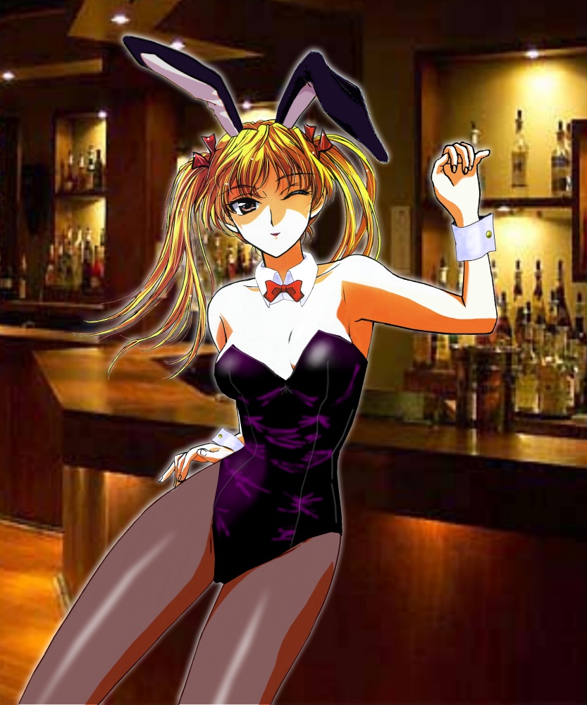 sawachika eri, school rumble, 00s, 1girl, animal ears, bar (place), blonde hair, bottle, breasts, brown eyes, fake animal ears, female focus, indoors, leotard, looking at viewer, medium breasts, one eye closed, outline, pantyhose, photo background, playboy bunny, rabbit ears, smile, solo, twintails, wink