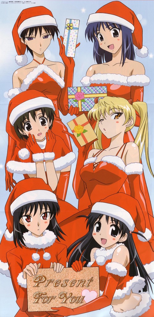 ichijou karen, sawachika eri, suou mikoto (school rumble), takano akira, tsukamoto tenma, tsukamoto yakumo, school rumble, official art, tagme, 00s, 6+girls, bare shoulders, black eyes, black hair, blonde hair, blush, blush stickers, brown hair, christmas, elbow gloves, english text, gift, gloves, happy, hat, heart, long hair, looking at viewer, midriff, multiple girls, one eye closed, purple hair, red eyes, santa costume, santa hat, short hair, siblings, sisters, smile, twintails, two side up, yellow eyes