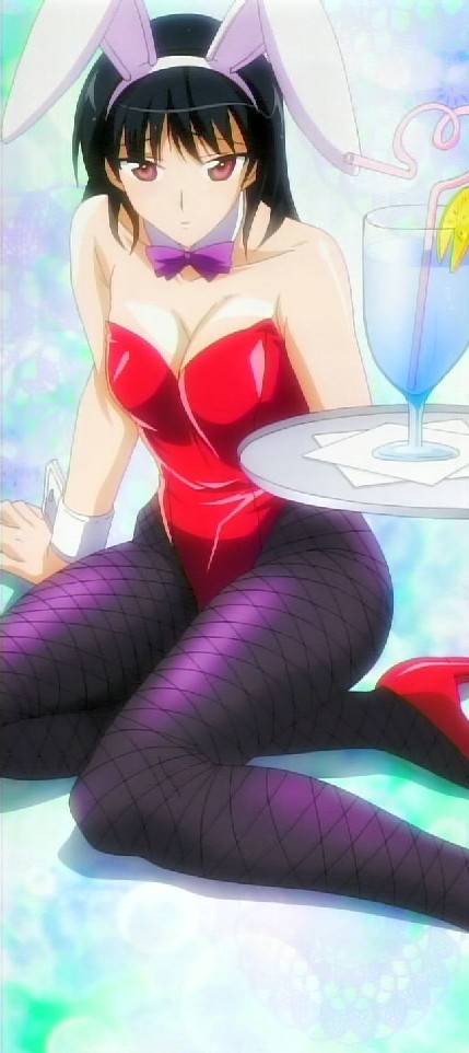 tsukamoto yakumo, school rumble, bunny girl, screencap, highres, tagme, 00s, 1girl, animal ears, black hair, breasts, cleavage, fishnet pantyhose, fishnets, large breasts, long hair, looking at viewer, medium breasts, pantyhose, playboy bunny, rabbit ears, red eyes, smile, solo, yokozuwari