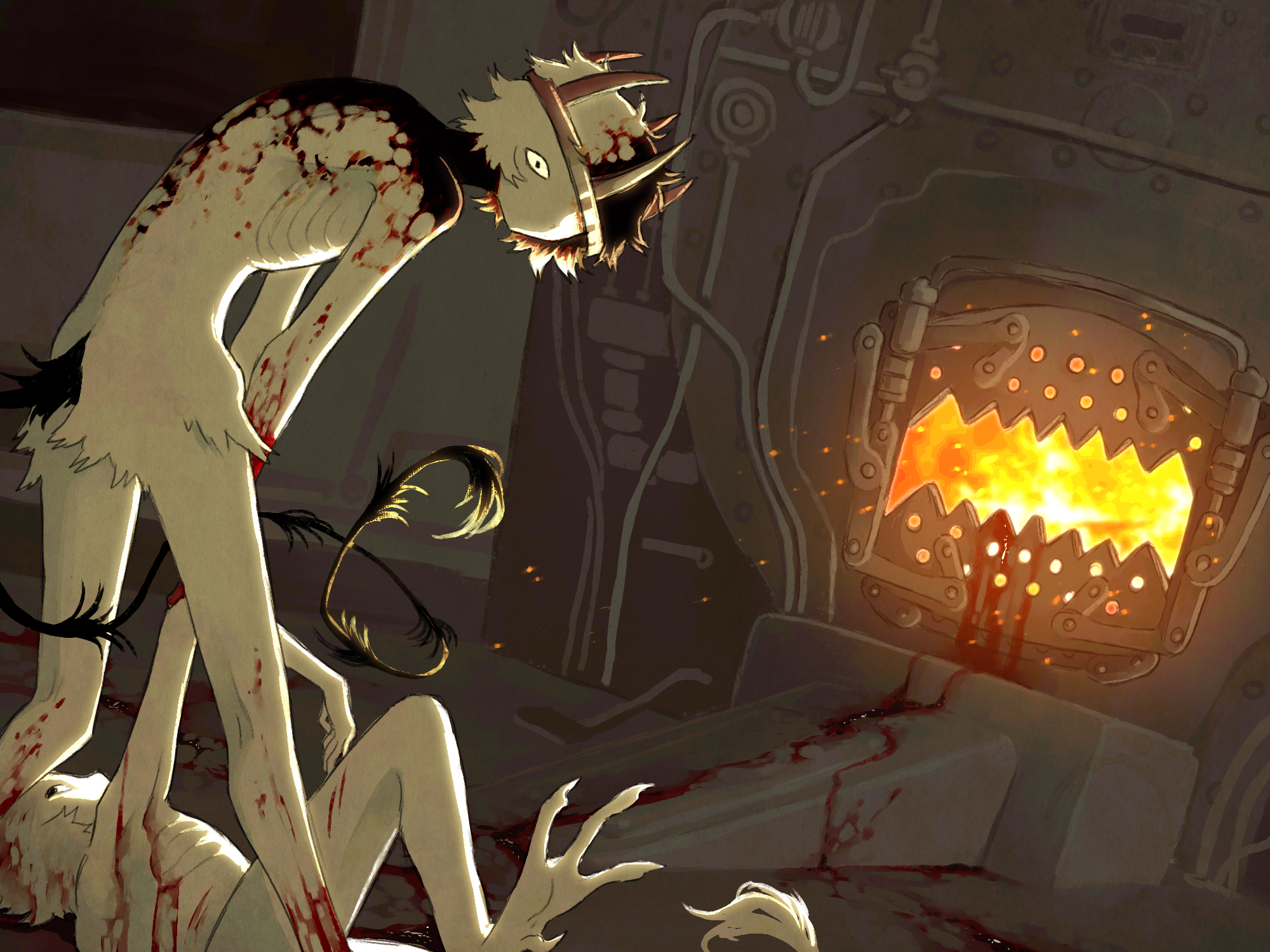 jejejunum, secret (jejejunum), original, highres, 1boy, 1other, black fur, black tail, blood, blood on arm, crown, ember (jejejunum), fire, furnace, indoors, looking at viewer, lying, monster boy, multicolored fur, on side, reincarnation, short hair, standing, train, white fur