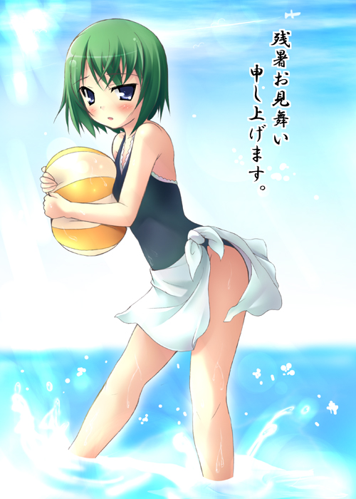 tekehiro, iwasaki minami, lucky star, 00s, ball, beachball, one-piece swimsuit, solo, swimsuit