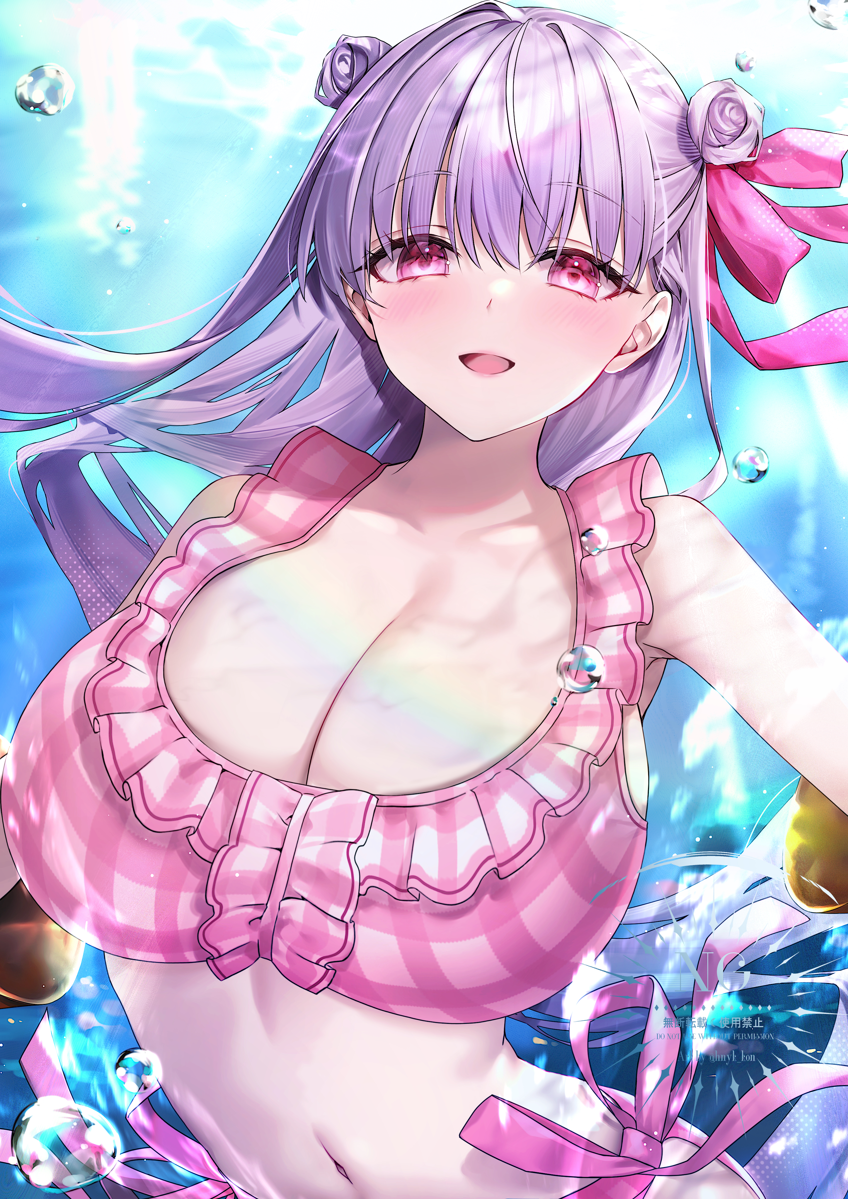 hane yuki, passionlip (fate), fate/grand order, fate (series), absurdres, commentary request, highres, 1girl, bikini, blush, breasts, cleavage, collarbone, double bun, hair bun, hair ornament, hair ribbon, huge breasts, long hair, navel, open mouth, passionlip (swimsuit saber) (first ascension) (fate), pink bikini, pink eyes, pink ribbon, purple hair, ribbon, smile, stomach, swimsuit, underwater, upper body
