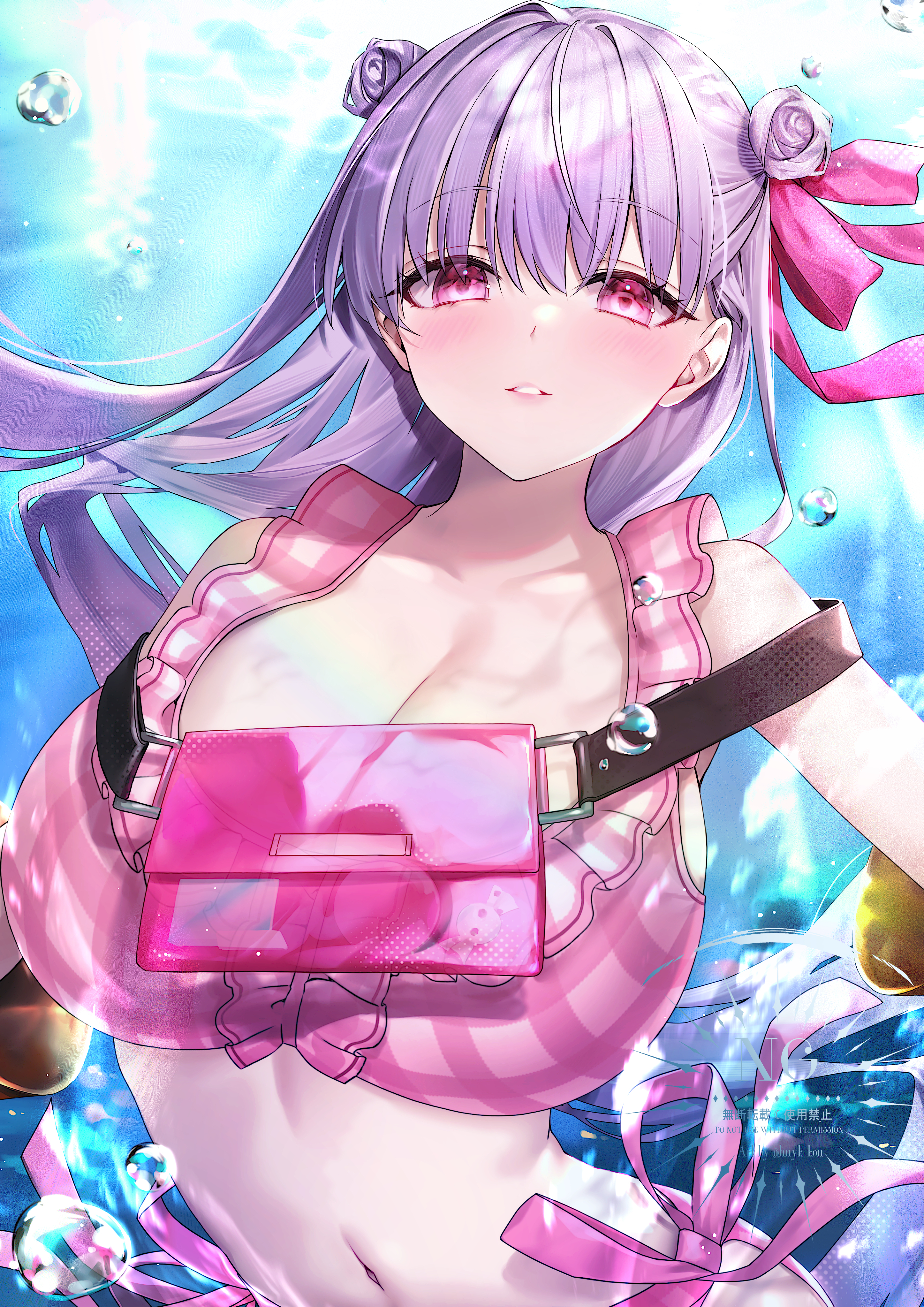 hane yuki, passionlip (fate), fate/grand order, fate (series), absurdres, commentary request, highres, 1girl, bikini, blush, breasts, cleavage, collarbone, double bun, hair bun, hair ornament, hair ribbon, huge breasts, long hair, navel, parted lips, passionlip (swimsuit saber) (first ascension) (fate), pink bikini, pink eyes, pink ribbon, purple hair, ribbon, stomach, swimsuit, underwater, upper body