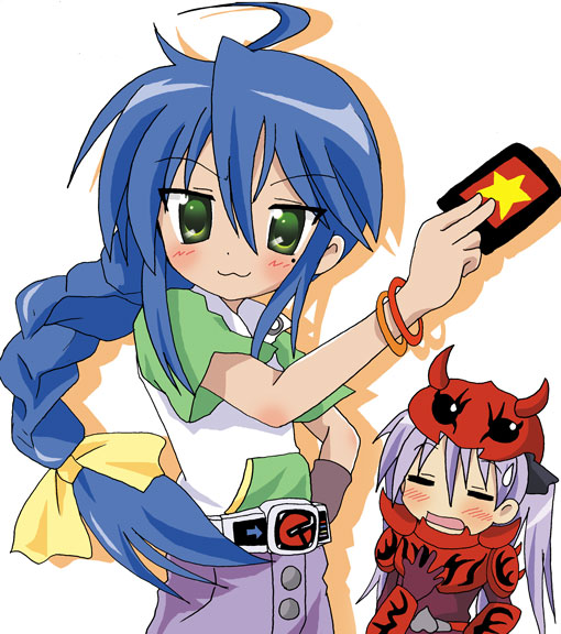 hiiragi kagami, izumi konata, momotaros, kamen rider, lucky star, 00s, crossover